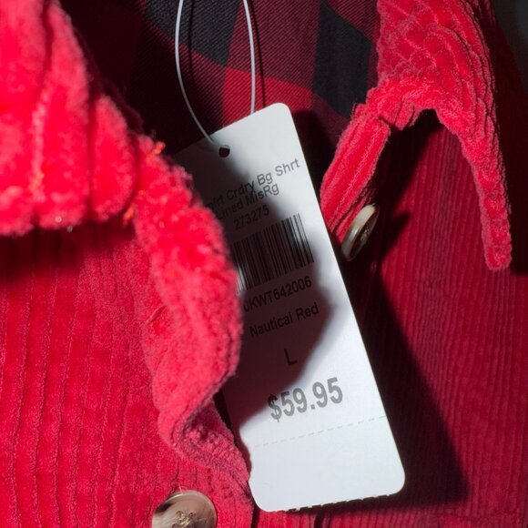 LL Bean Wide Wale Corduroy Button Down Shirt Small L Red Flannel Lined Shacket - Picture 6 of 7
